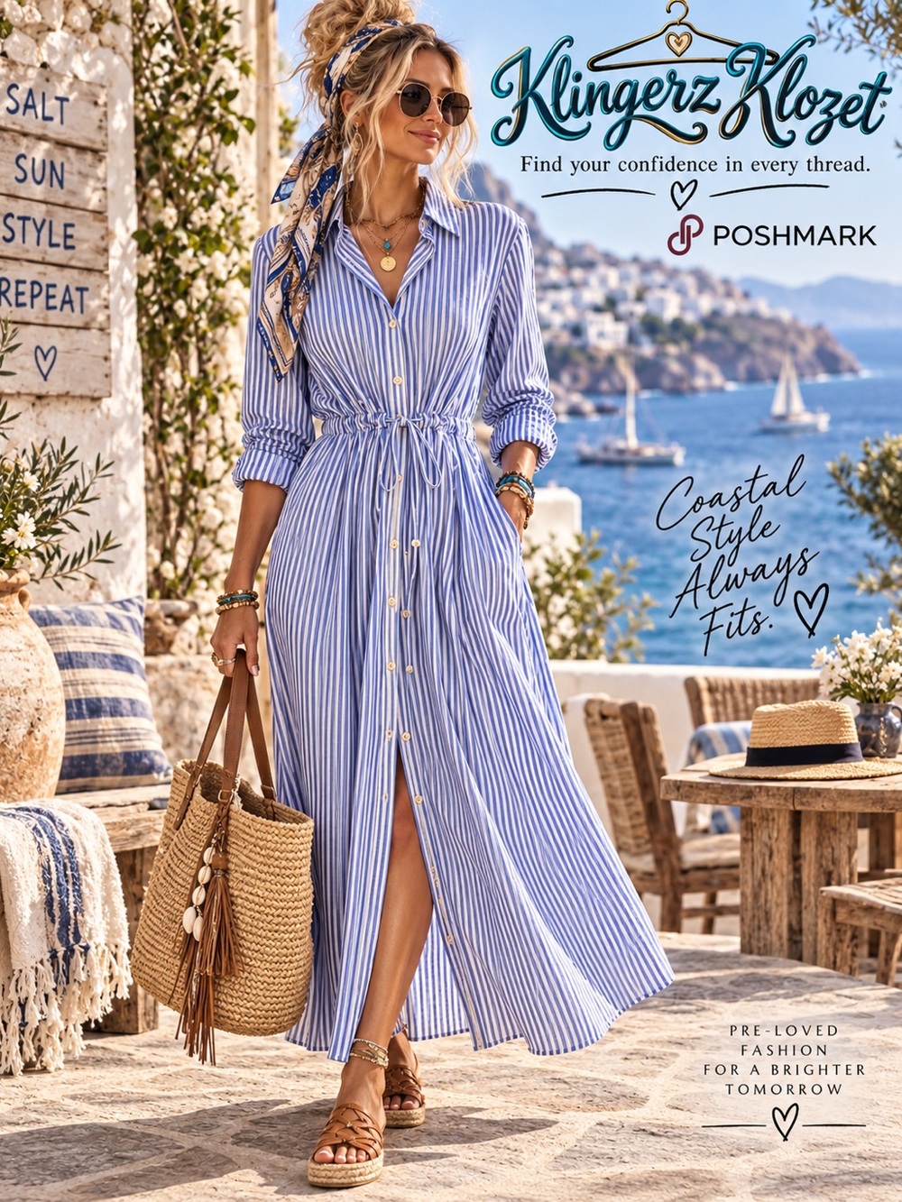 Universal Thread Blue White Striped Cotton Maxi Shirt Dress Coastal Resort